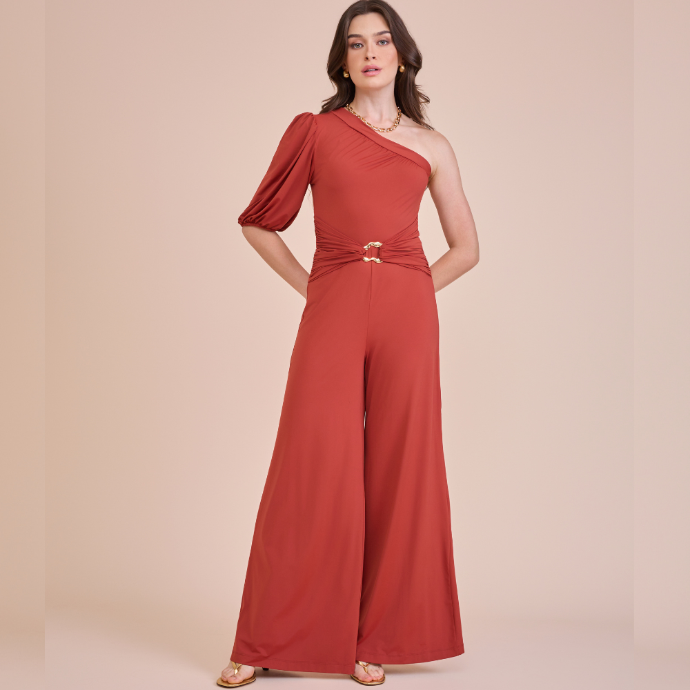 Macacão Edna Um Ombro Pantalona Vermelho Escuro Infinita