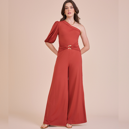 Macacão Edna Um Ombro Pantalona Vermelho Escuro Infinita