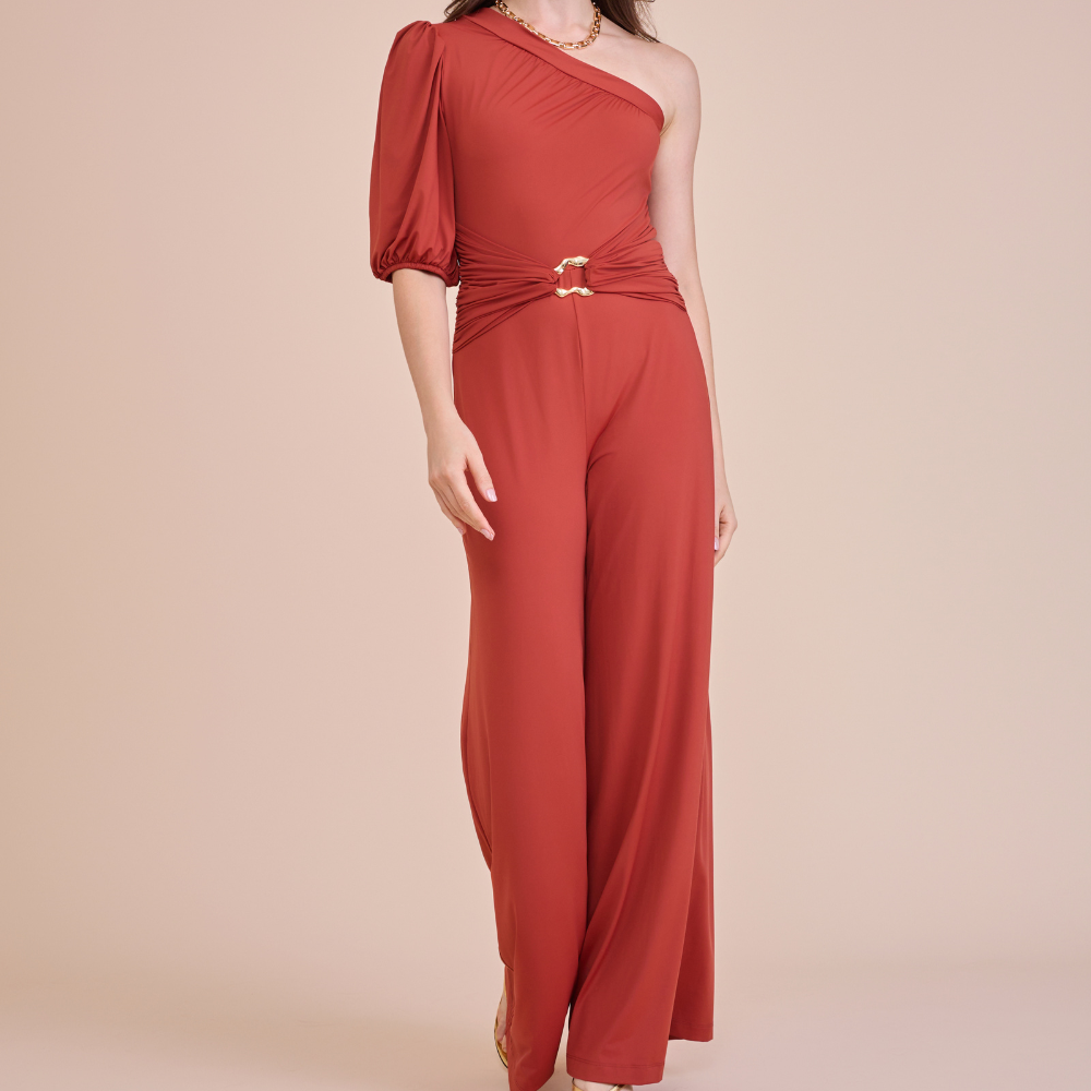 Macacão Edna Um Ombro Pantalona Vermelho Escuro Infinita