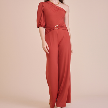 Macacão Edna Um Ombro Pantalona Vermelho Escuro Infinita