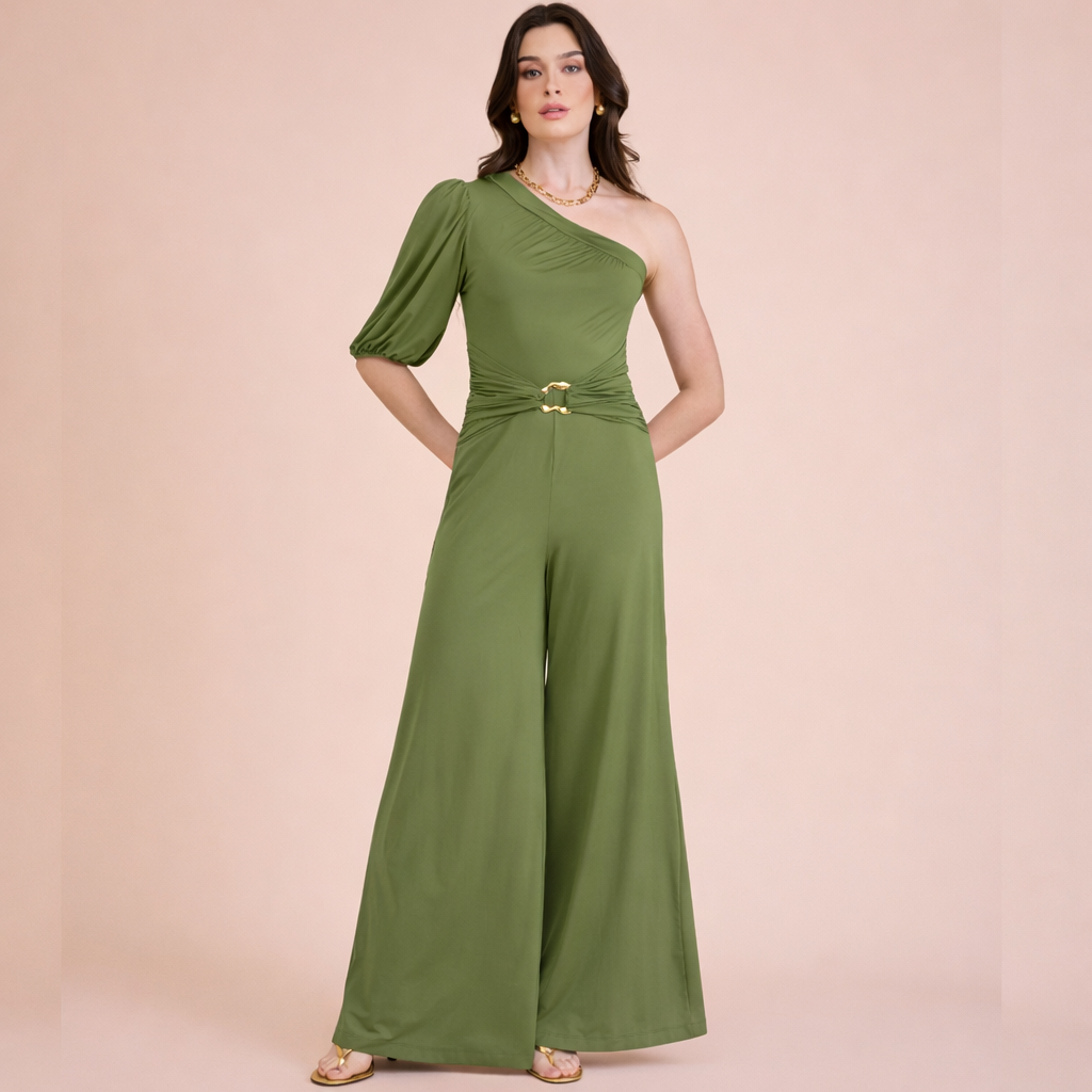 Macacão Edna Um Ombro Pantalona Verde Infinita